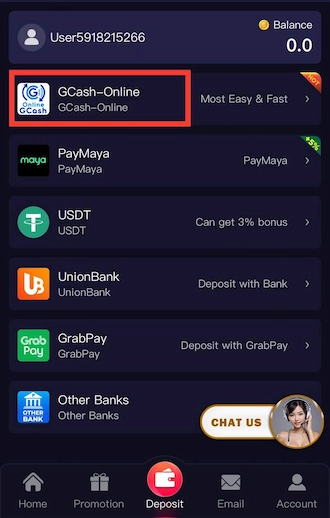 Step 2: Then choose the deposit method as GCash-Online