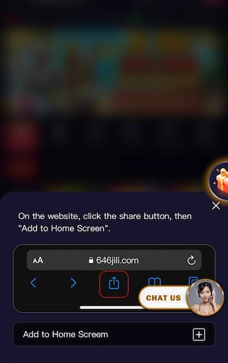 Step 3: click the share button, then click "Add to home screen"